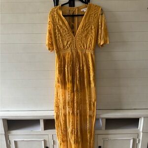 Honey Punch Mustard Lace Maxi Dress with shorts